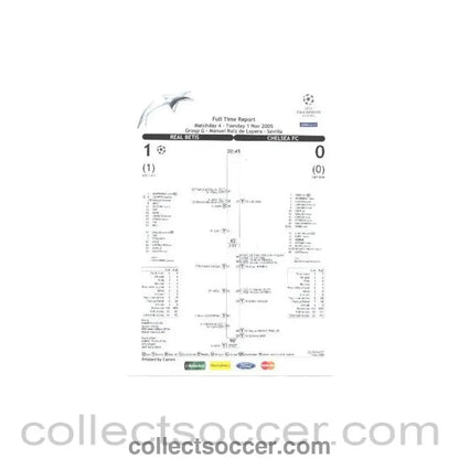 2005 - Real Betis v Chelsea Full Time Report sheet 01/11/2005 - Collect Soccer