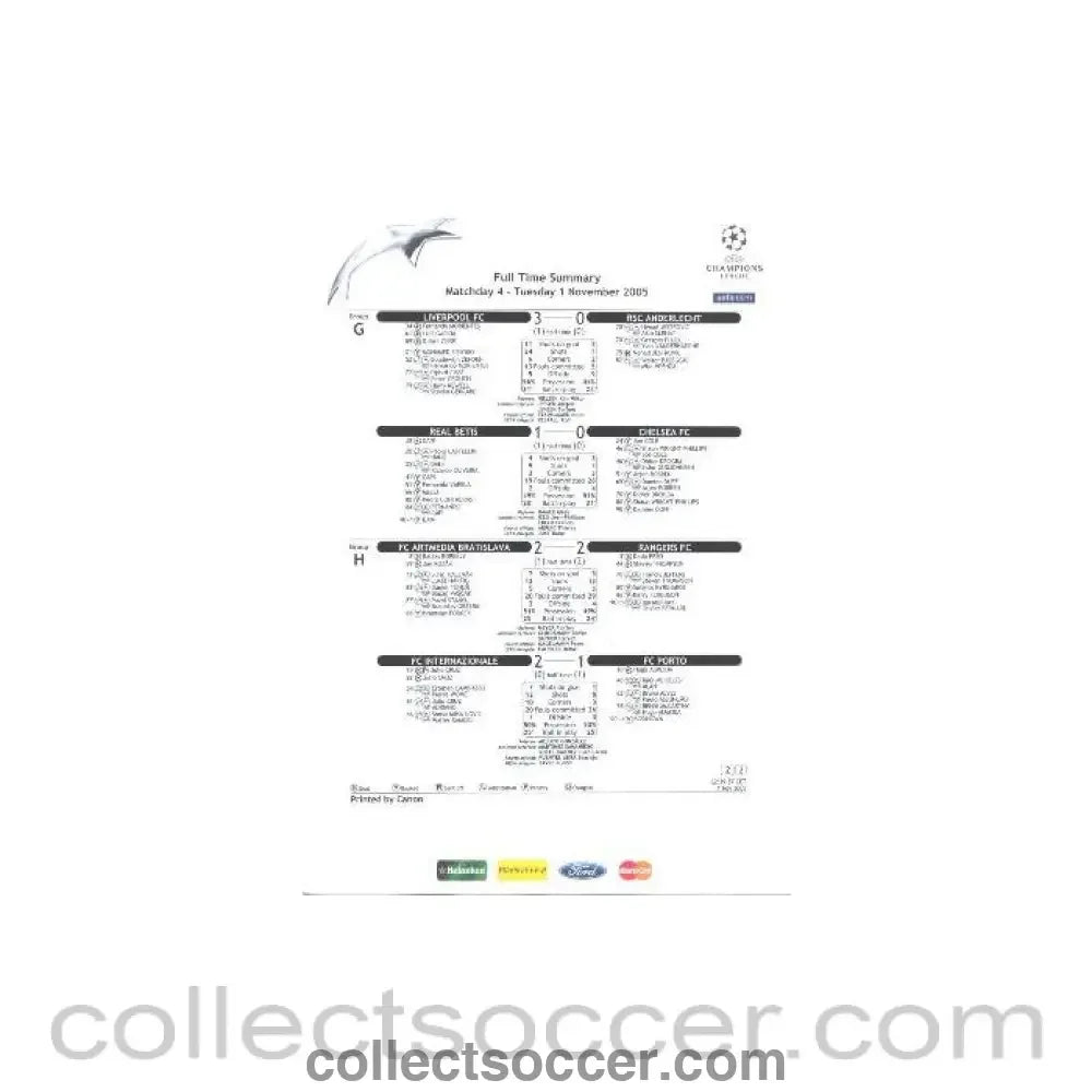 2005 - Real Betis v Chelsea Full Time Summary sheet 01/11/2005 about Liverpool v Anderlecht, Real Betis v Chelsea, Artmedie Bratislava v Rangers and Internazionale v Porto - Collect Soccer