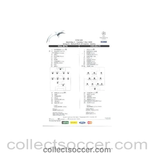 2005 - Real Betis v Chelsea Line - Ups sheet 01/11/2005 - Collect Soccer