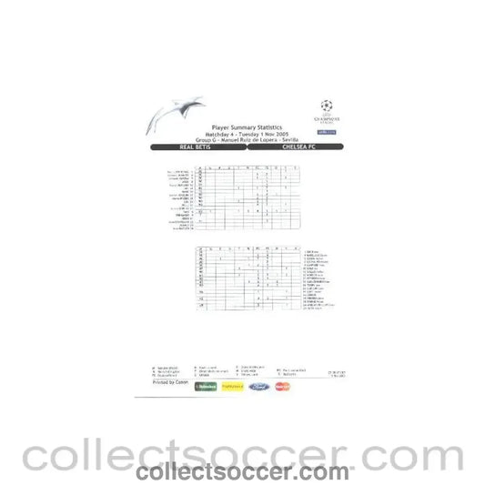 2005 - Real Betis v Chelsea Player Sumary Statistics sheet 01/11/2005