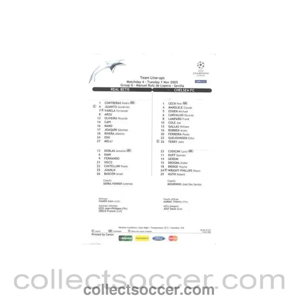 2005 - Real Betis v Chelsea teamsheet 01/11/2005 Champions League