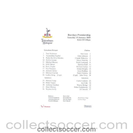 2005 - Tottenham Hotspur v Chelsea official teamsheet 15/01/2005 Barclays Premiership match - Collect Soccer