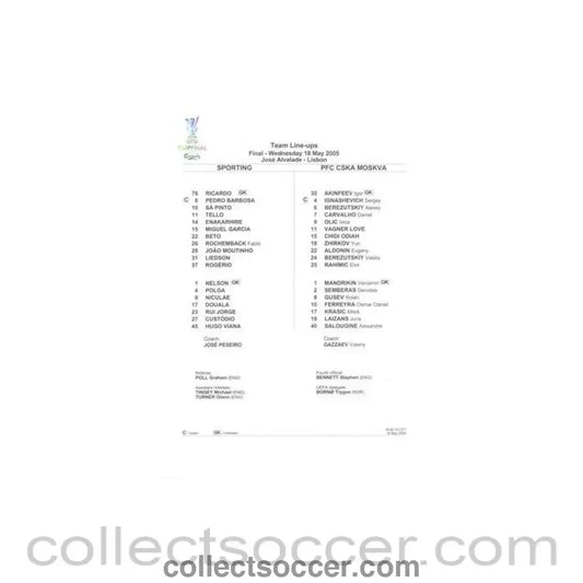 2005 UEFA Cup Final Sporting Lisbon v CSKA Moscow official colour teamsheet 18/05/2005 - Collect Soccer