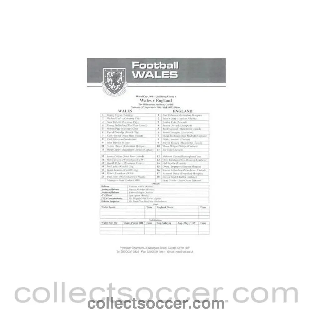 2005 - Wales v England official teamsheet 03/09/2005 World Cup 2006 Qualifier - Collect Soccer