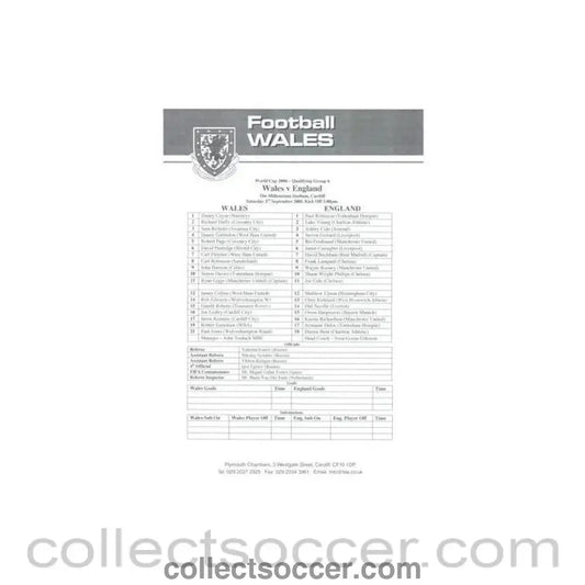 2005 - Wales v England official teamsheet 03/09/2005 World Cup 2006 Qualifier - Collect Soccer