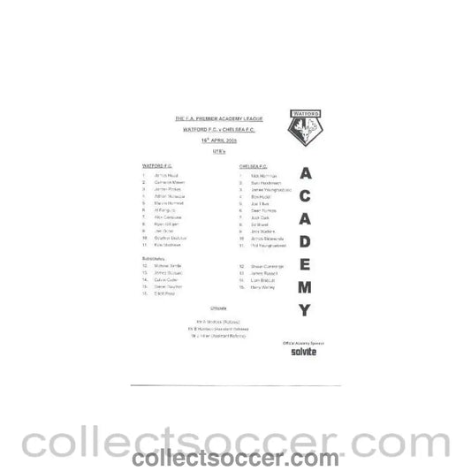 2005 - Watford vChelsea U18 official programme 16/04/2005 FA Premier Academy League - Collect Soccer