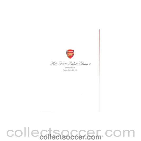 2006 - Arsenal Ken Friar Tribute Dinner menu Emirate Stadium 26/10/2006