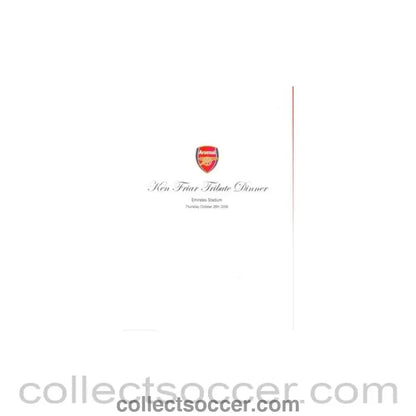 2006 - Arsenal Ken Friar Tribute Dinner menu, Emirate Stadium 26/10/2006 - Collect Soccer