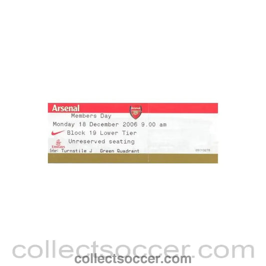 2006 - Arsenal Members Day 18/12/2006 ticket