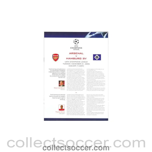 2006 - Arsenal v Hamburg SV press pack 21/11/2006