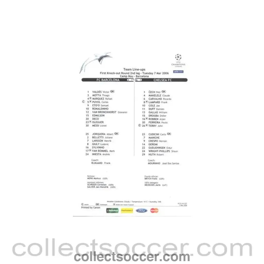 2006 - Barcelona v Chelsea official colour teamsheet 07/03/2006 Champions League - Collect Soccer