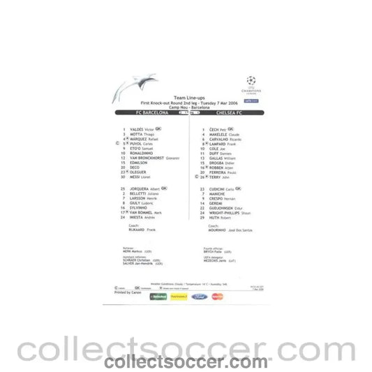 2006 - Barcelona v Chelsea official colour teamsheet 07/03/2006 Champions League