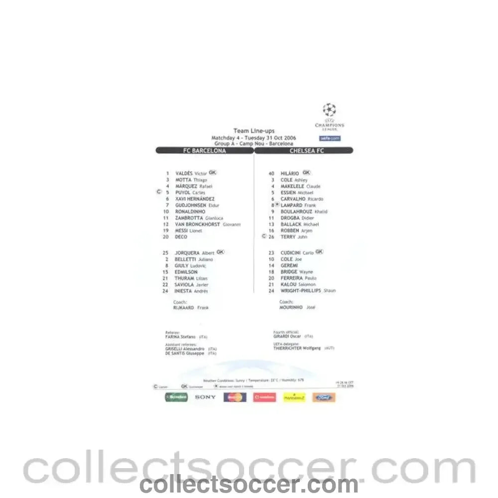 2006 - Barcelona v Chelsea official colour teamsheet 31/10/2006 Champions League - Collect Soccer
