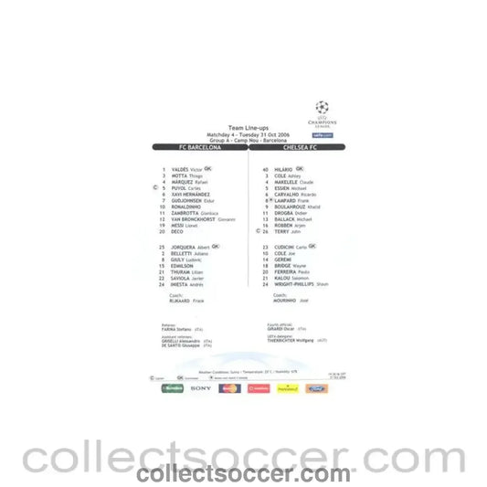 2006 - Barcelona v Chelsea official colour teamsheet 31/10/2006 Champions League