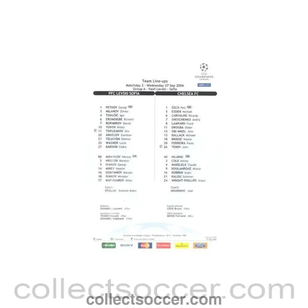 2006 - Levski Sofia Bulgaria v Chelsea official colour teamsheet 27/09/2006 Champions League - Collect Soccer