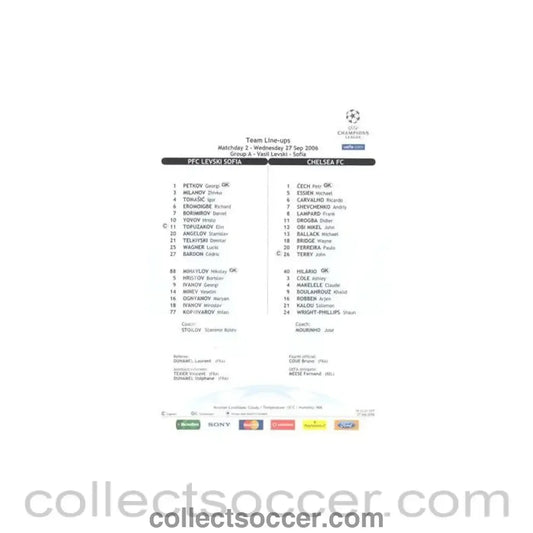 2006 - Levski Sofia Bulgaria v Chelsea official colour teamsheet 27/09/2006 Champions League
