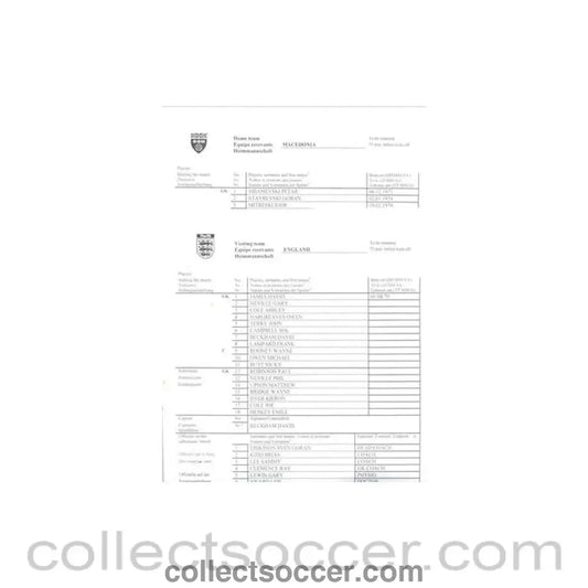 2006 - Macedonia v England pair of teamsheets 06/09/2006 Champions League - Collect Soccer