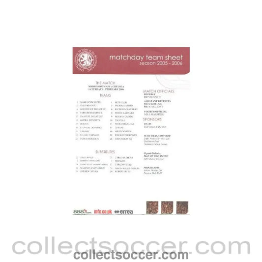2006 - Middlesbrough v Chelsea official colour teamsheet 11/02/2006