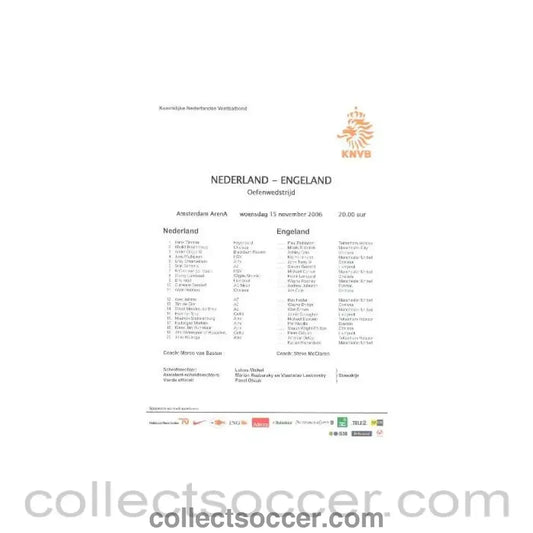 2006 - Netherlands v England teamsheet 15/11/2006 - Collect Soccer
