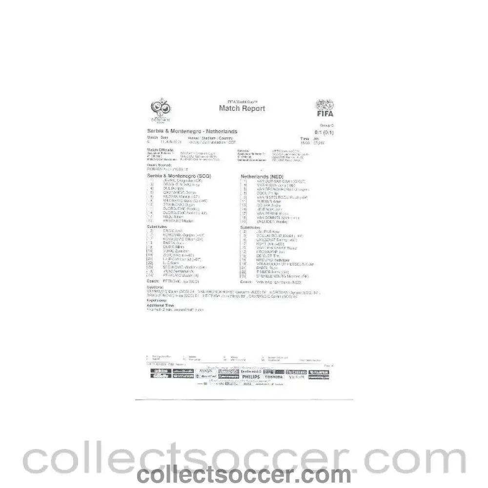 2006 Serbia & Montenegro v Netherlands Match Report sheet 11/06/2006 FIFA World Cup Germany 2006 - Collect Soccer