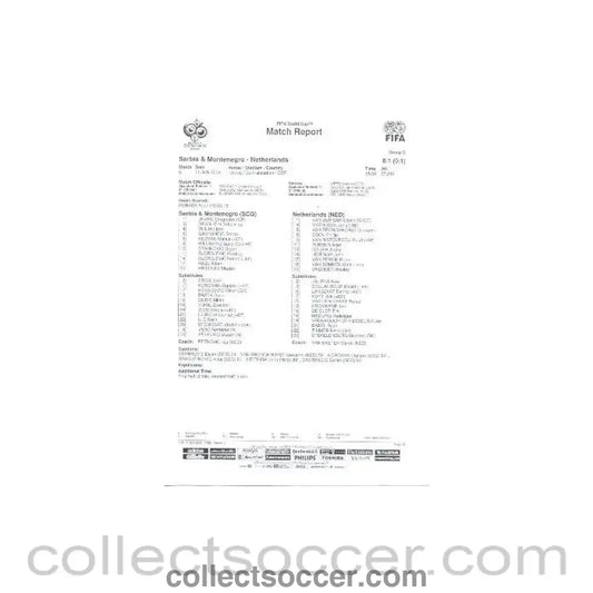 2006 Serbia & Montenegro v Netherlands Match Report sheet 11/06/2006 FIFA World Cup Germany 2006