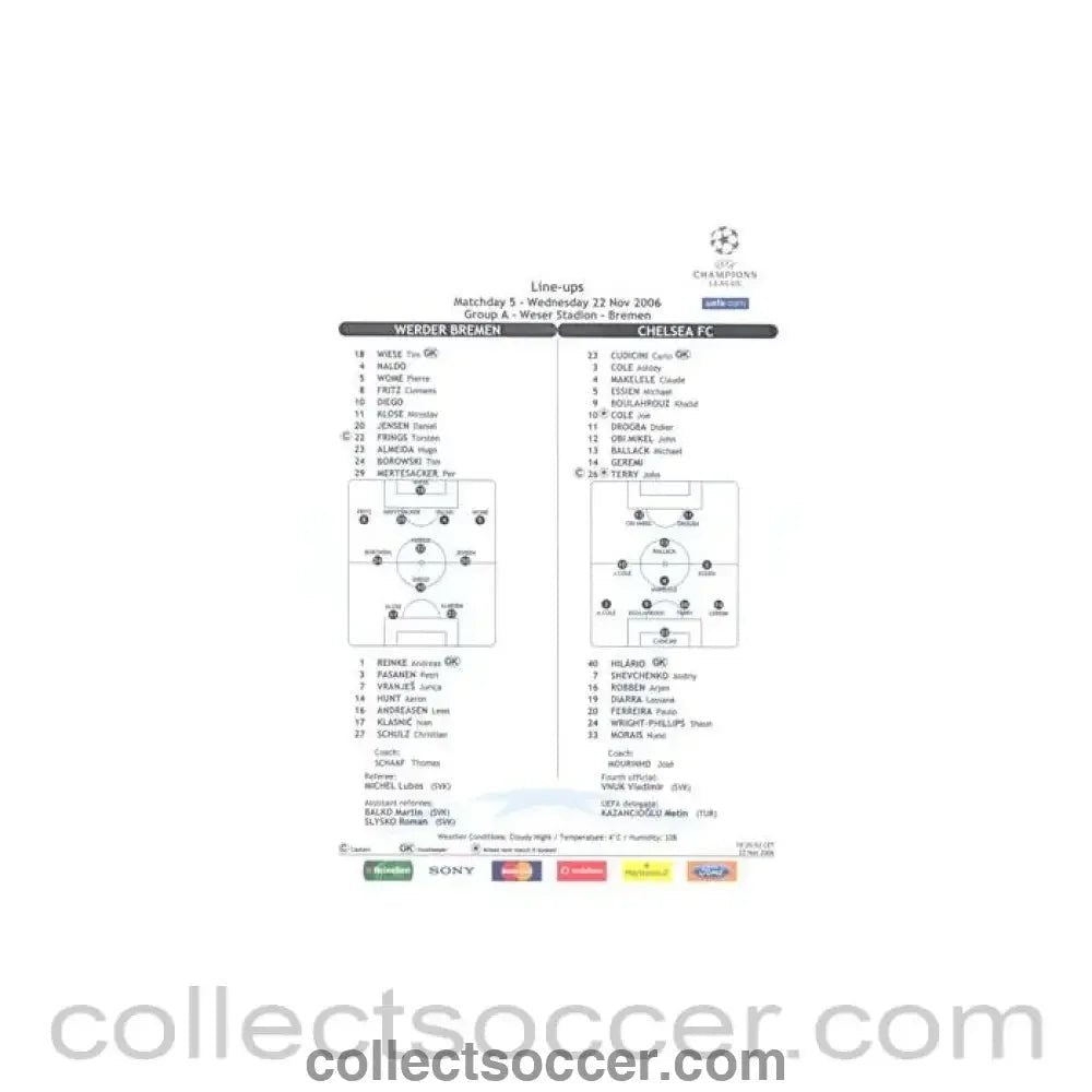2006 - Werder Bremen v Chelsea line-ups 22/11/2006 Champions League - Collect Soccer