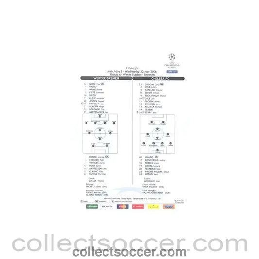 2006 - Werder Bremen v Chelsea line-ups 22/11/2006 Champions League