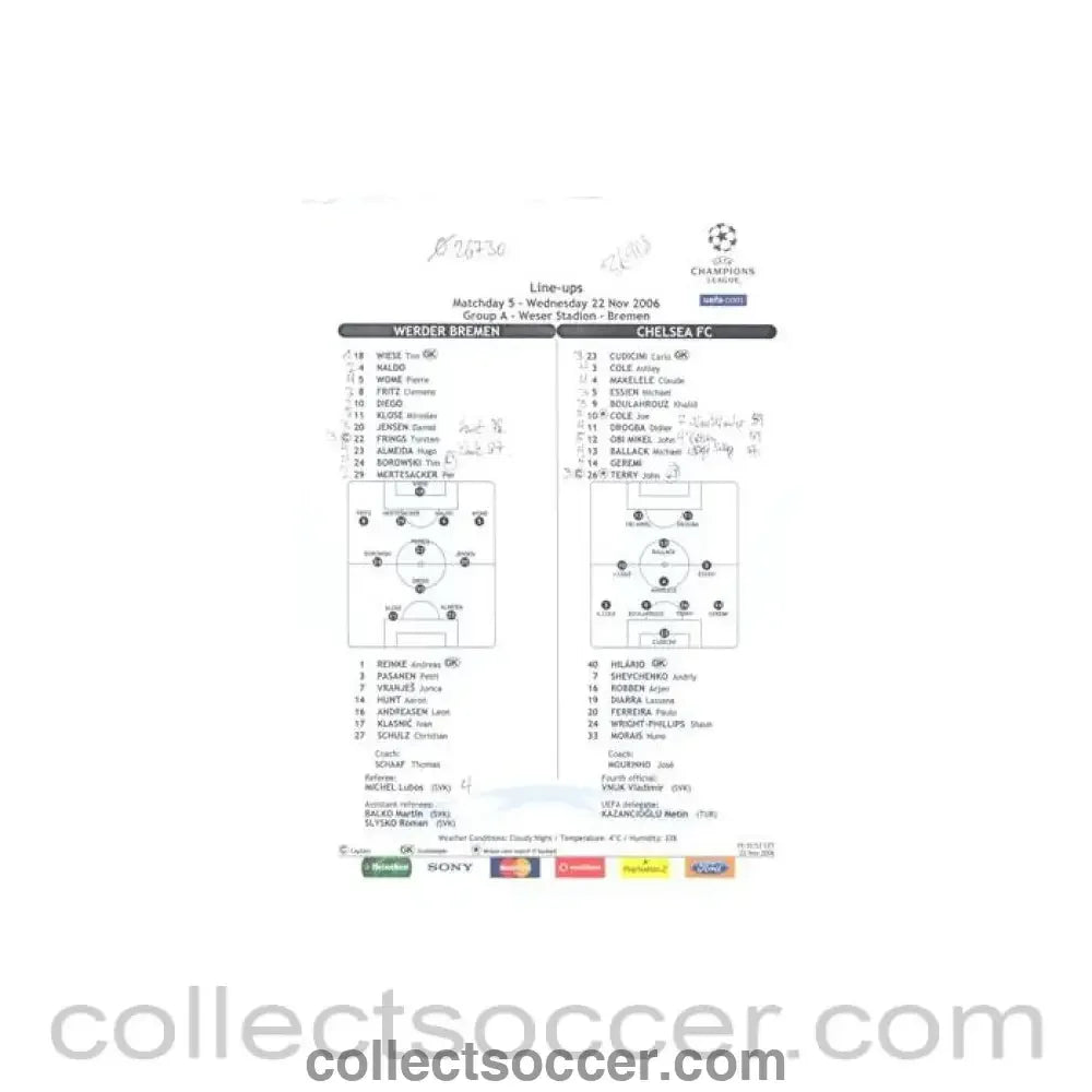 2006 - Werder Bremen v Chelsea line-ups 22/11/2006 Champions League, written on - Collect Soccer