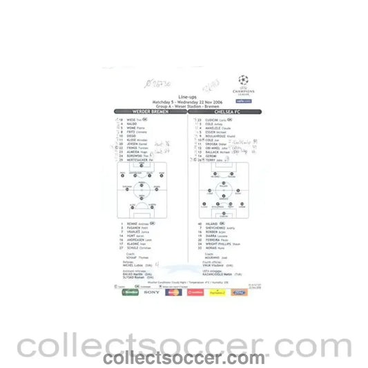 2006 - Werder Bremen v Chelsea line-ups 22/11/2006 Champions League written on