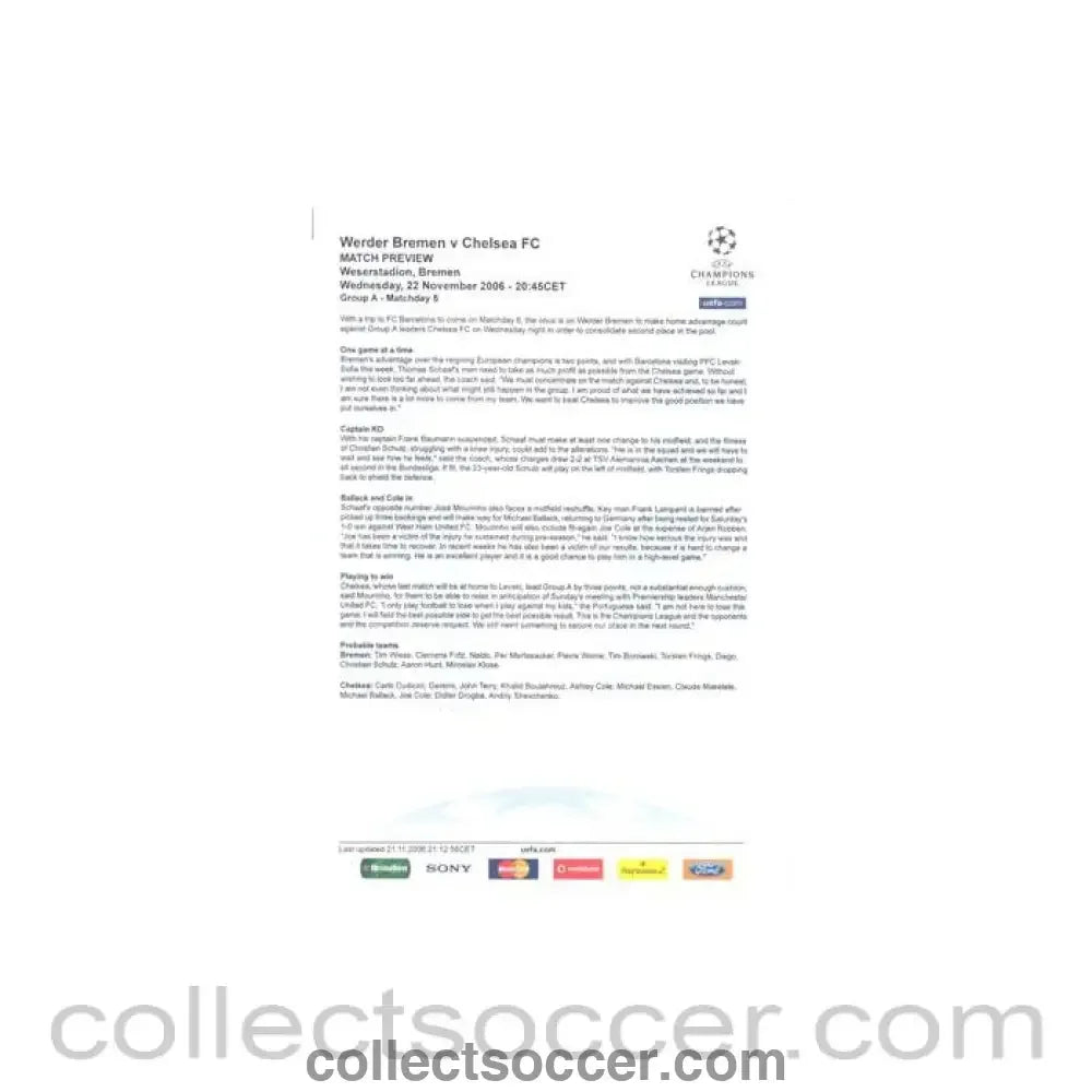 2006 - Werder Bremen v Chelsea press pack 22/11/2006 Champions League - Collect Soccer