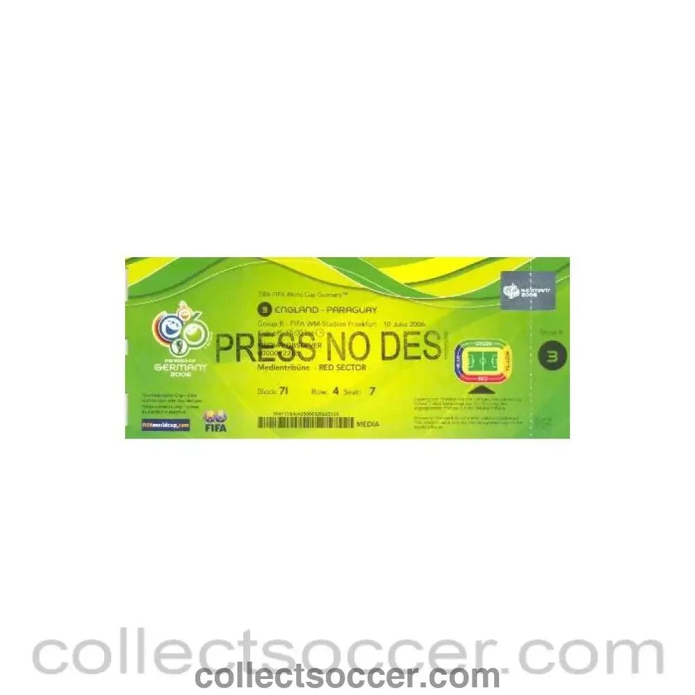 2006 - World Cup Germany 2006 England v Paraguay press pass 10/06/2006 - Collect Soccer