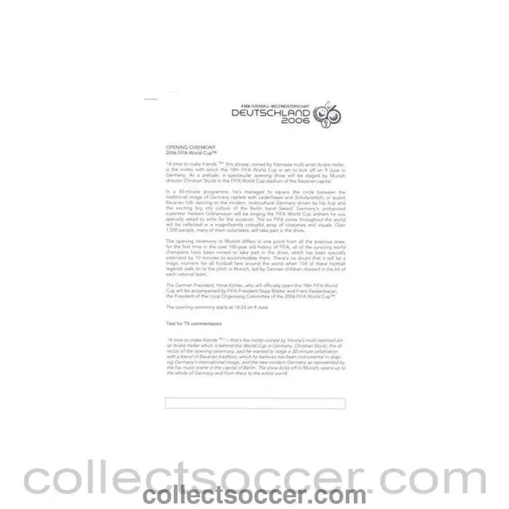 2006 World Cup Germany Opening Ceremony explanation for the TV commentators - Collect Soccer