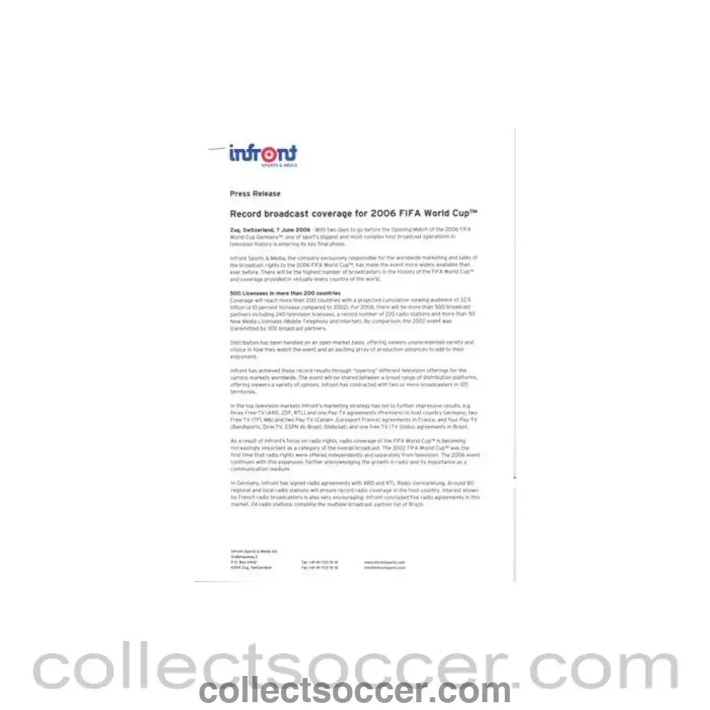 2006 World Cup Germany Press Release Record Broadcast Coverage - Collect Soccer