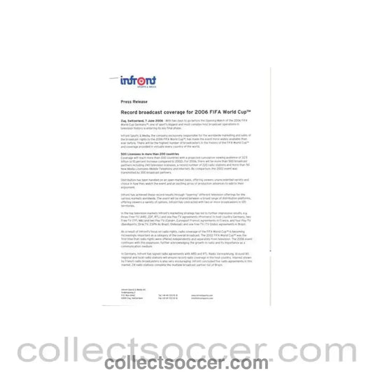 2006 World Cup Germany Press Release Record Broadcast Coverage - Collect Soccer