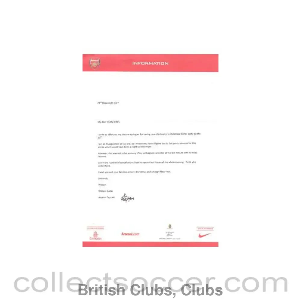 2007 - Arsenal Captain William Gallas letter to ladies of 22/12/2007