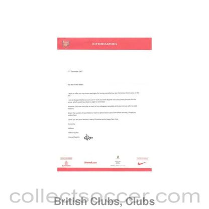 2007 - Arsenal Captain William Gallas letter to ladies of 22/12/2007