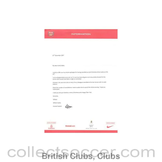 2007 - Arsenal Captain William Gallas letter to ladies of 22/12/2007