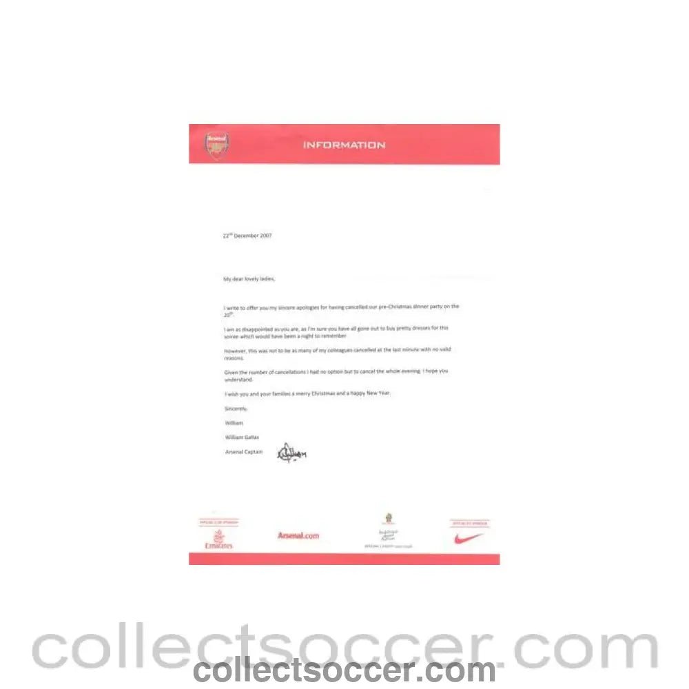 2007 - Arsenal Captain William Gallas letter to ladies of 22/12/2007 - Collect Soccer