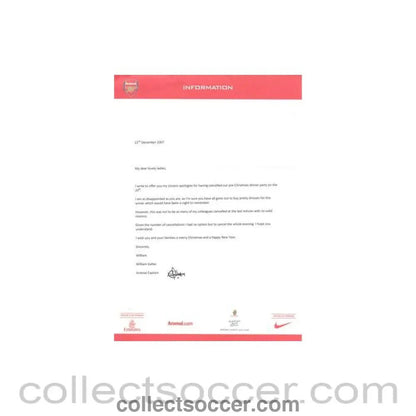 2007 - Arsenal Captain William Gallas letter to ladies of 22/12/2007 - Collect Soccer