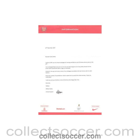 2007 - Arsenal Captain William Gallas letter to ladies of 22/12/2007 - Collect Soccer