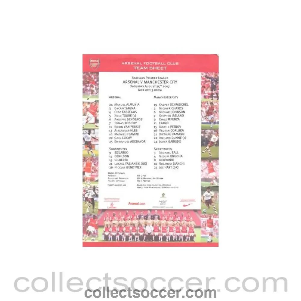2007 - Arsenal v Manchester City official colour teamsheet 25/08/2007 Premier League - Collect Soccer