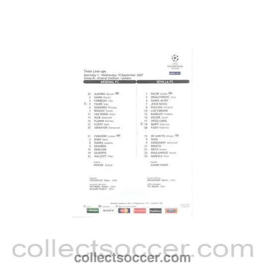 2007 - Arsenal v Sevilla line-ups 19/09/2007 Champions League