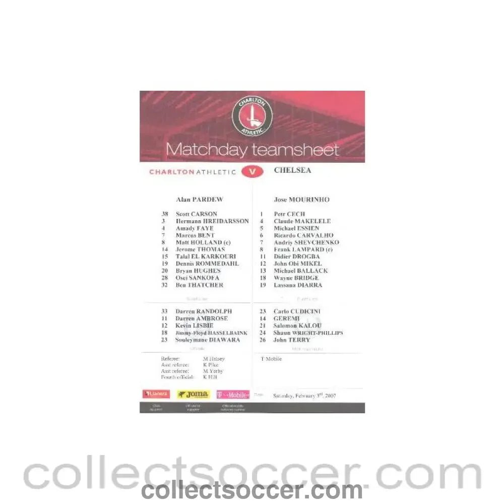 2007 - Charlton Athletic v Chelsea colour teamsheet 03/02/2007 - Collect Soccer