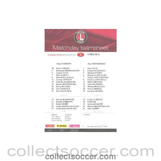 2007 - Charlton Athletic v Chelsea colour teamsheet 03/02/2007 - Collect Soccer