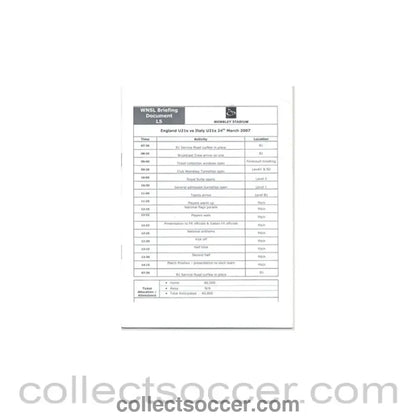 2007 - England U21 v Italy U21, briefing document, first match on Wembley Stadium 24/03/2007 - Collect Soccer