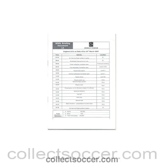 2007 - England U21 v Italy U21 briefing document first match on Wembley Stadium 24/03/2007