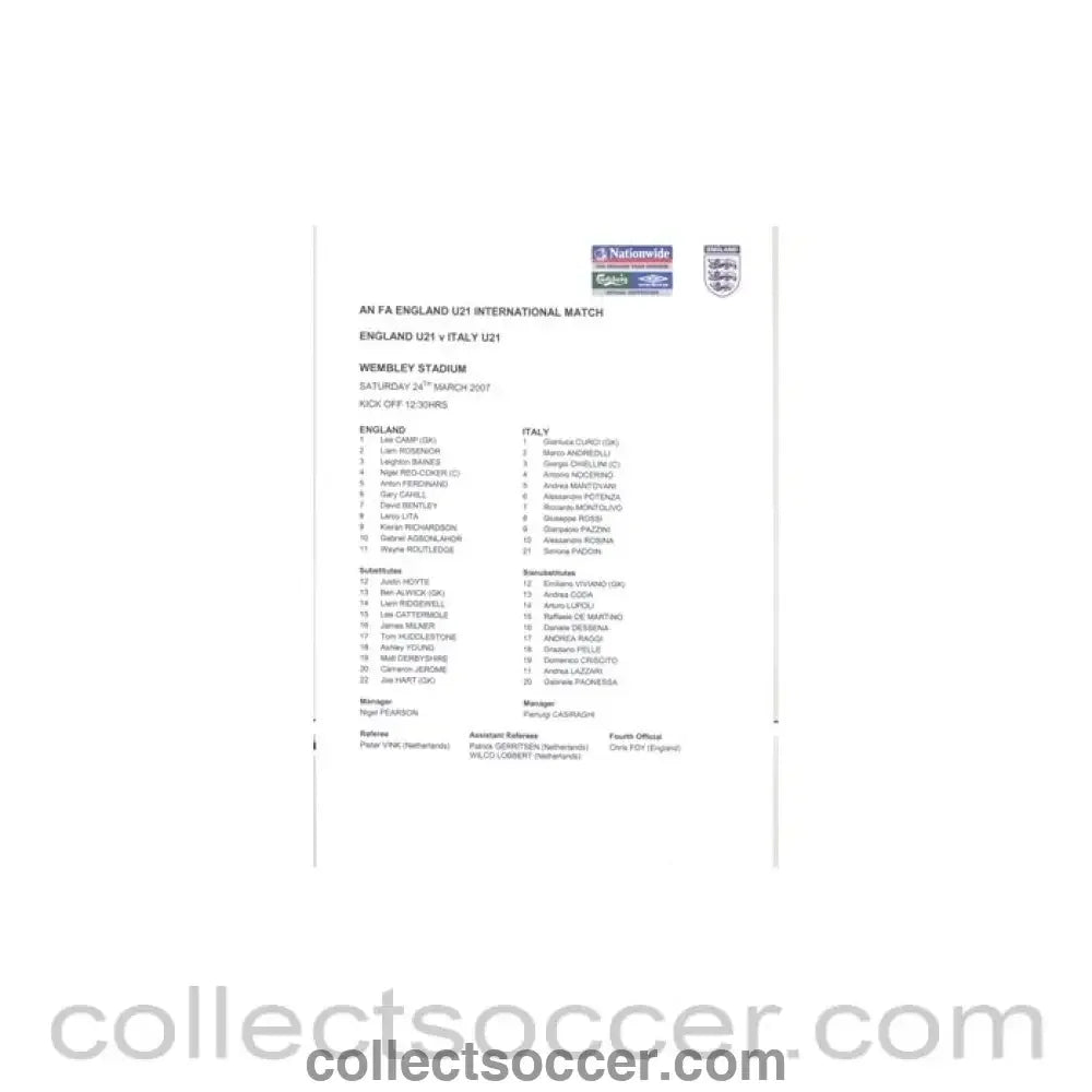 2007 - England U21 v Italy U21 Teamsheet 24/03/2007, first match on Wembley Stadium - Collect Soccer