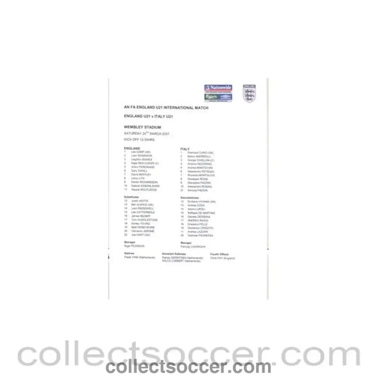 2007 - England U21 v Italy U21 Teamsheet 24/03/2007 first match on Wembley Stadium