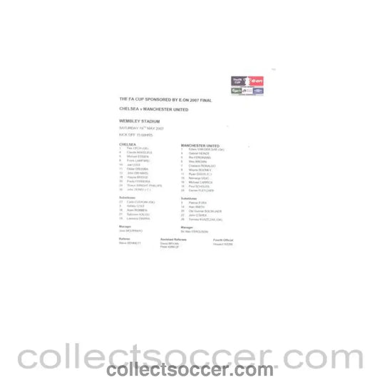 2007 F.A. Cup Final Chelsea v Manchester United official colour teamsheet 19/05/2007 - Collect Soccer