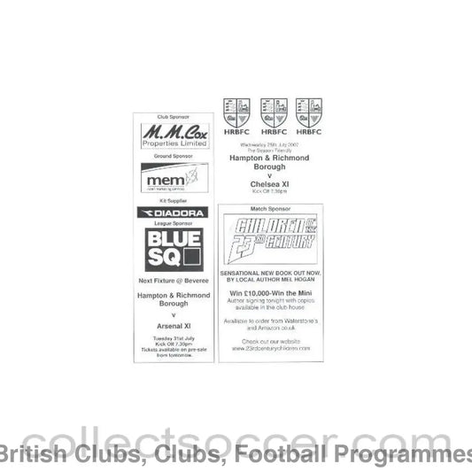 2007 - Hampton & Richmond Borough vChelsea XI official programme 25/07/2007 Pre-Season Friendly Match
